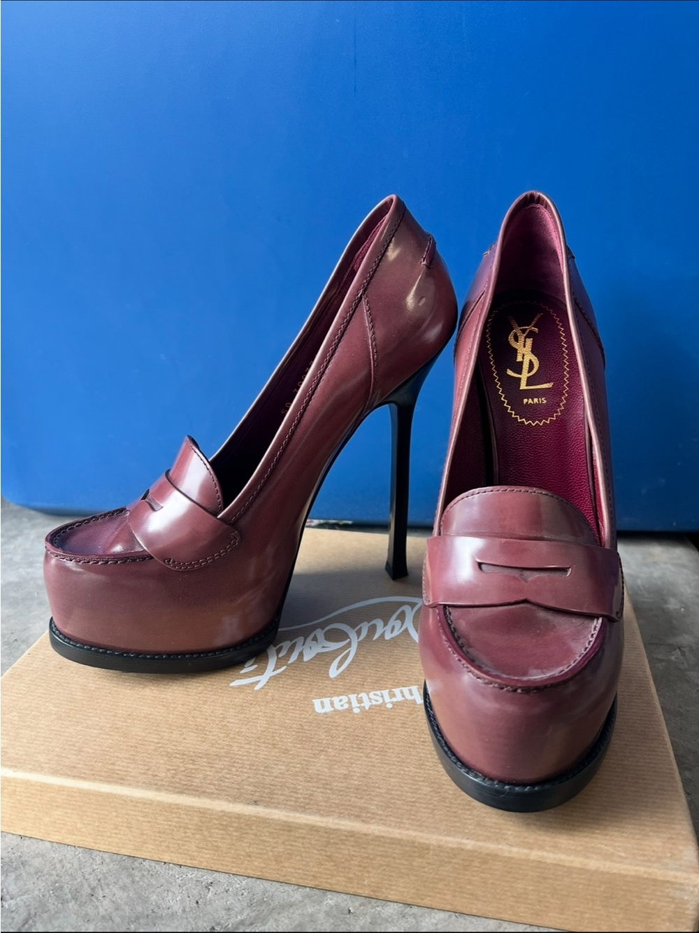 Saint Laurent Wine Leather Platform Stiletto Loafer Pumps